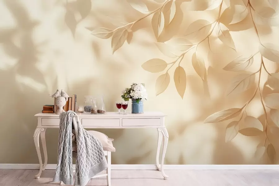 Valokuvatapetti Keltainen puun oksat beige seinä tausta w08682