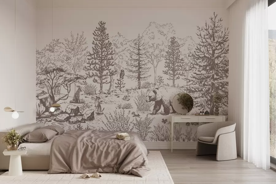 Valokuvatapetti Metsäelämää, puita, villieläimiä, karhu, kettu, pöllö, pensaita, lyijykynätyylinen piirustus, beige värit w02929