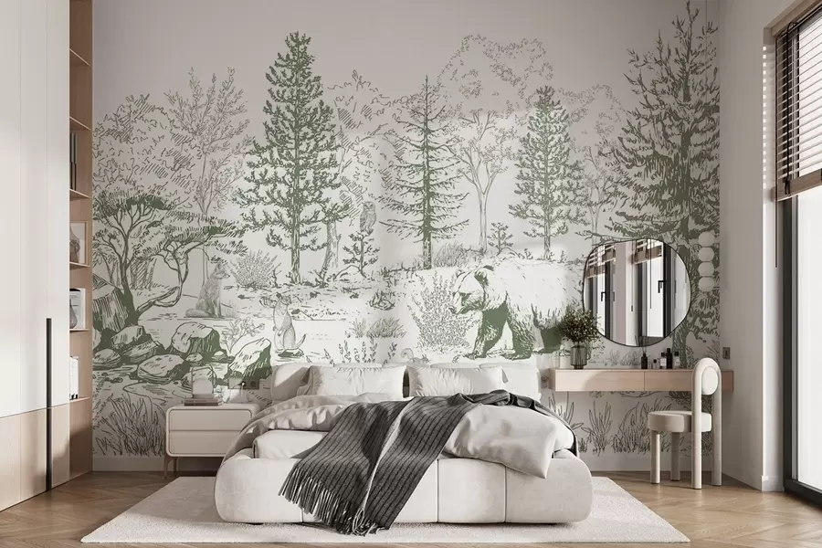 Valokuvatapetti Metsäelämää, puita, villieläimiä, karhu, kettu, pöllö, pensaita, lyijykynätyylinen piirustus, vihreät värit w02929v2