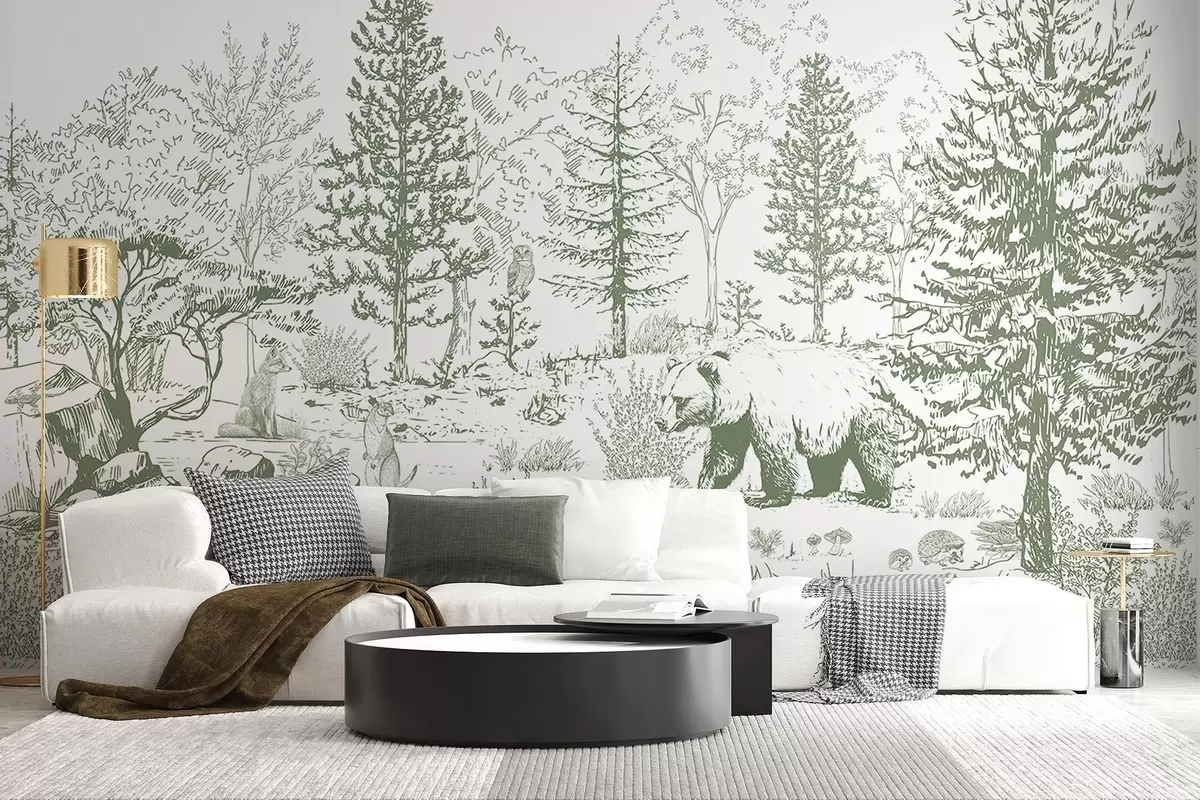Valokuvatapetti Metsäelämää, puita, villieläimiä, karhu, kettu, pöllö, pensaita, lyijykynätyylinen piirustus, vihreät värit w02929v2