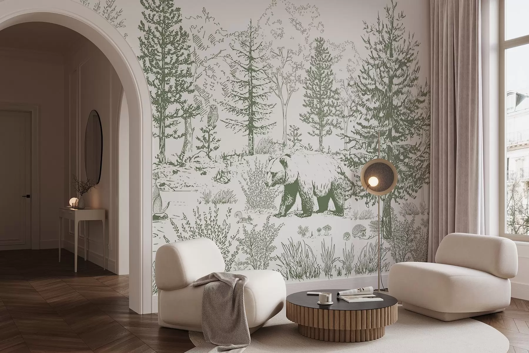 Valokuvatapetti Metsäelämää, puita, villieläimiä, karhu, kettu, pöllö, pensaita, lyijykynätyylinen piirustus, vihreät värit w02929v2