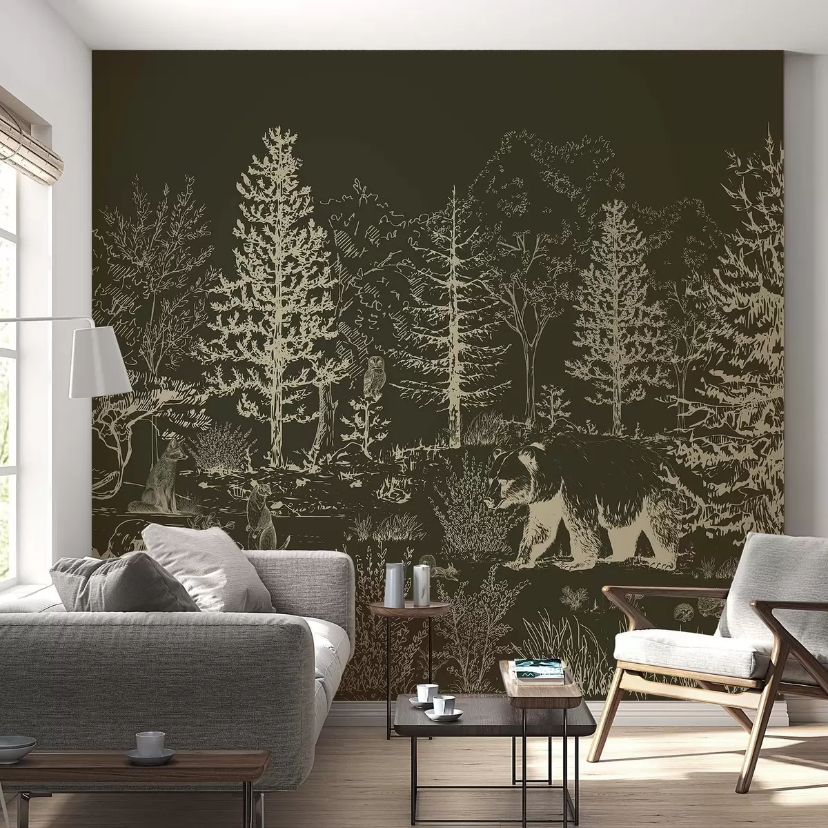 Valokuvatapetti Metsäelämää, puita, villieläimiä, karhu, kettu, pöllö, pensaita, tummanvihreä tausta w02929v3