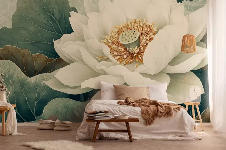 Valokuvatapetti Suuri vesililja lehtien taustaa vasten w02905