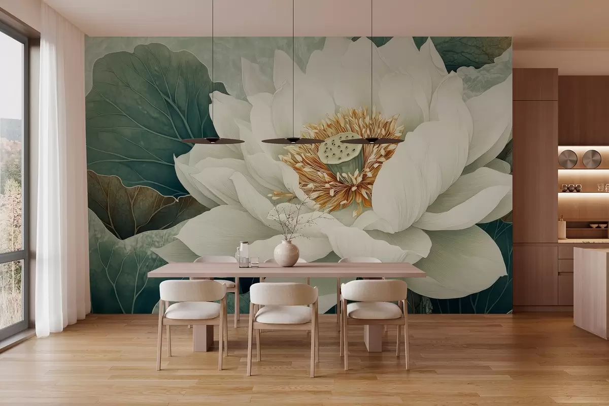 Valokuvatapetti Suuri vesililja lehtien taustaa vasten w02905