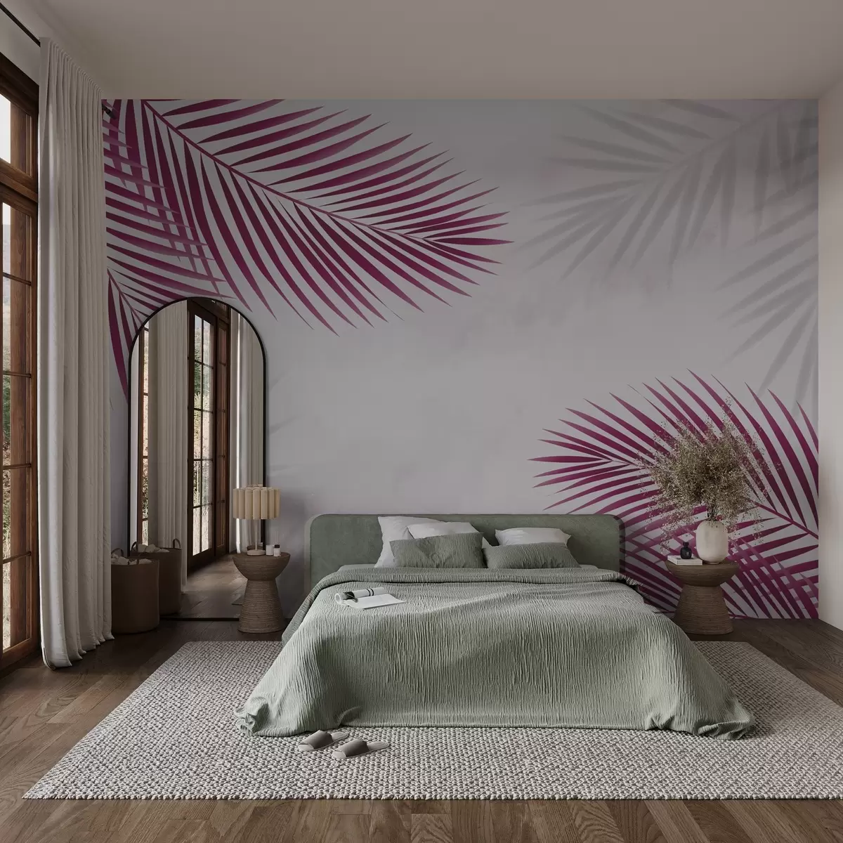 Valokuvatapetti Palmun lehdet vaaleanpunainen w02962v1