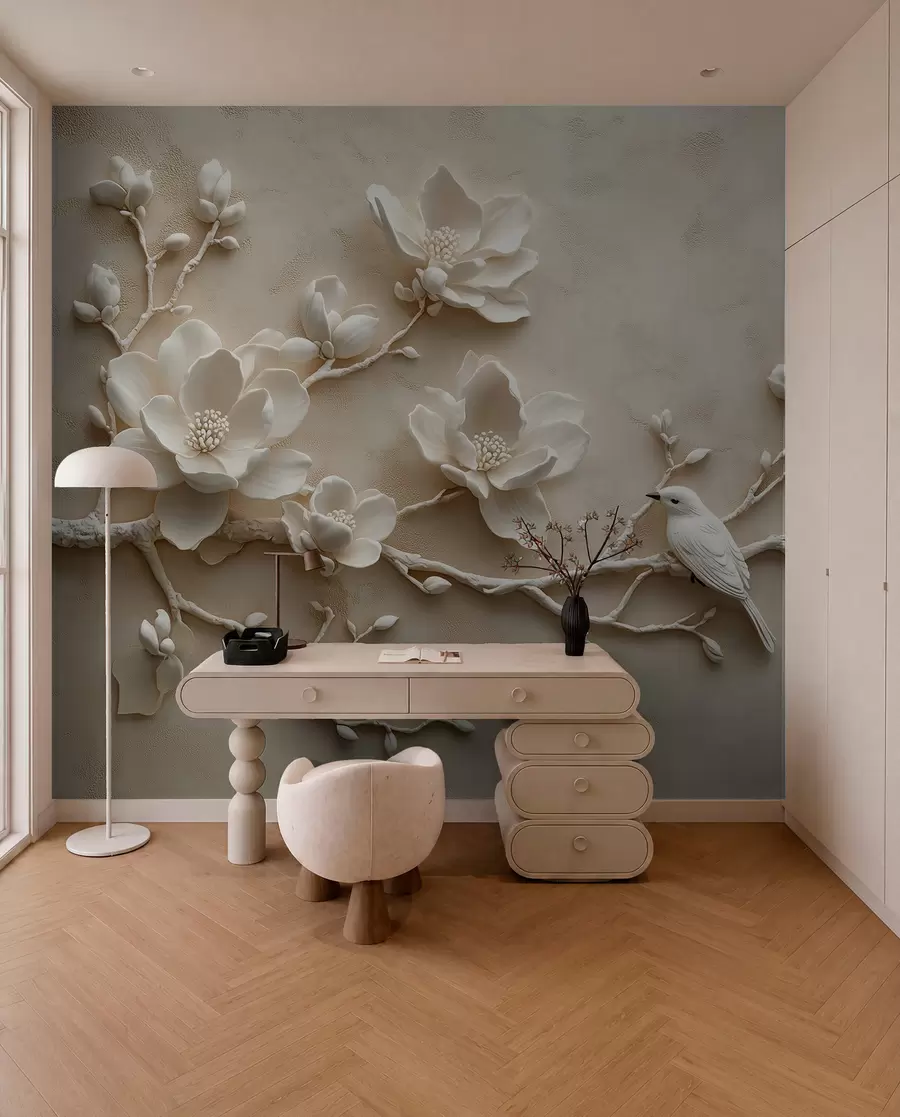 Valokuvatapetti 3D magnolian oksat, joissa on lintuja w08690