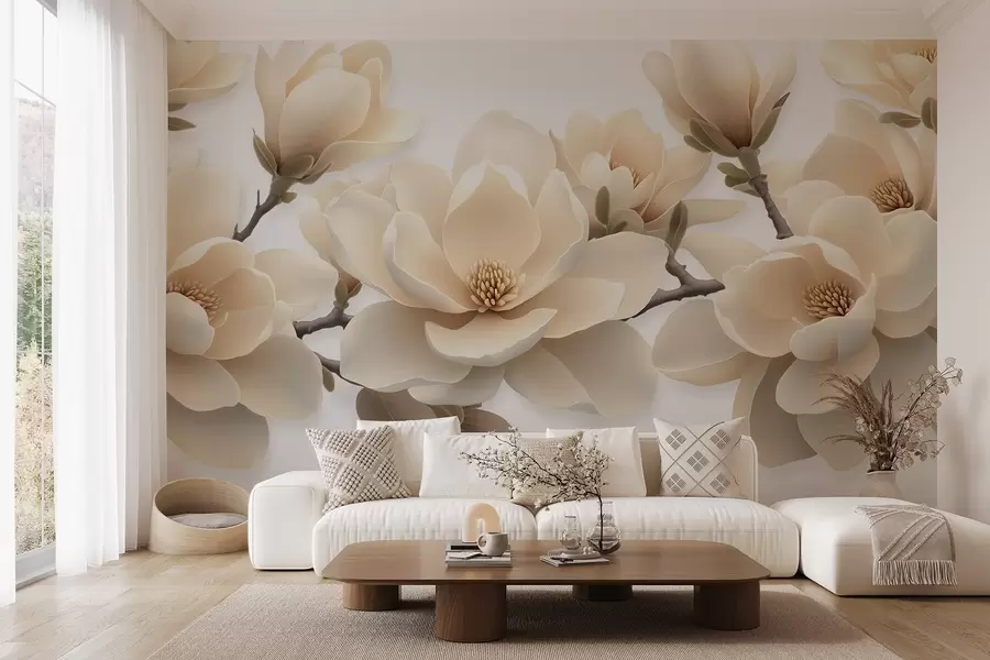 Valokuvatapetti Beige kukkivat magnolian kukat kermanvärisessä sävyssä valkoisella pohjalla w08692