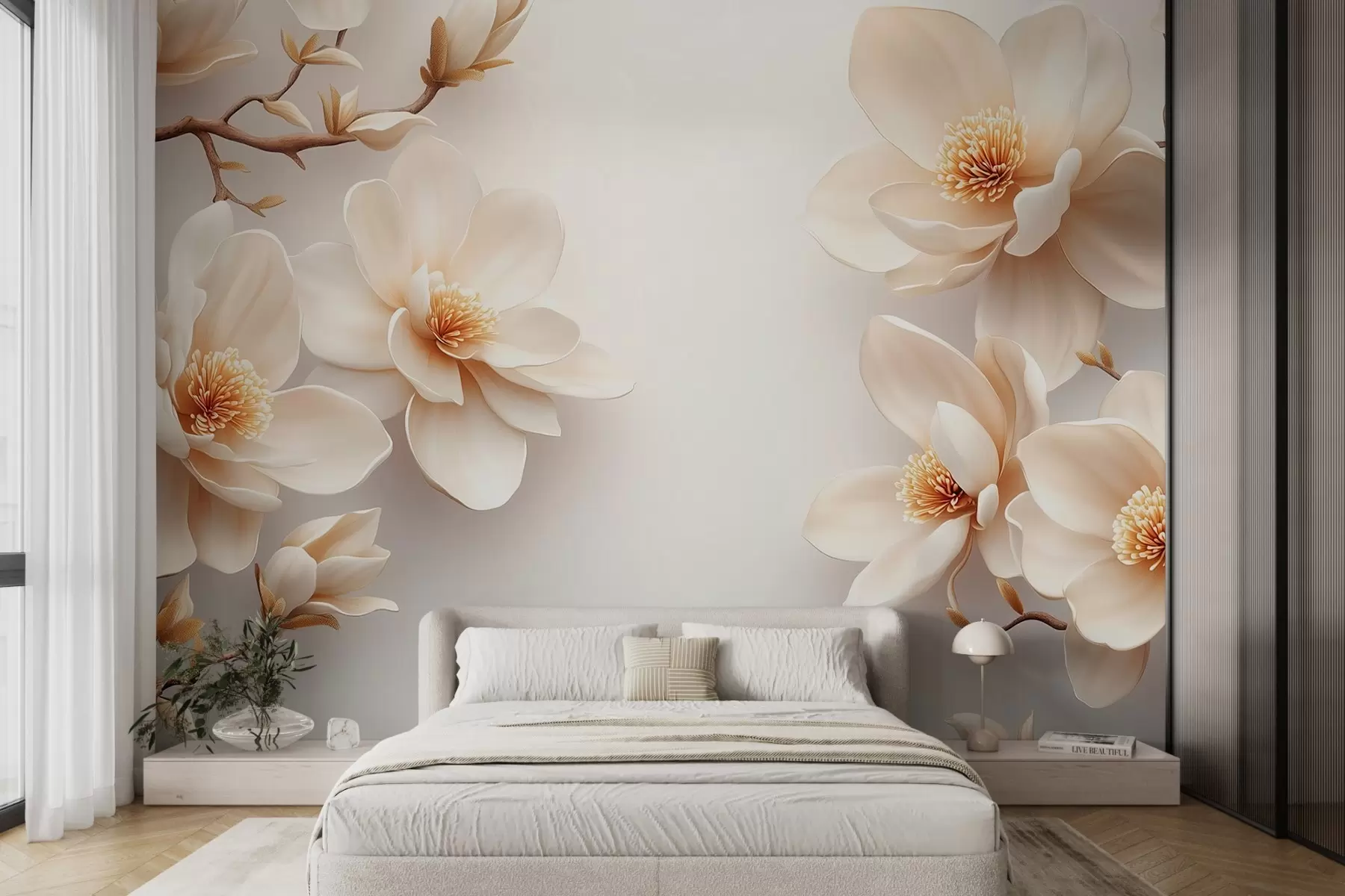 Valokuvatapetti Kauniit kukkivat kermanväriset magnolian kukat valkoisella pohjalla w08704