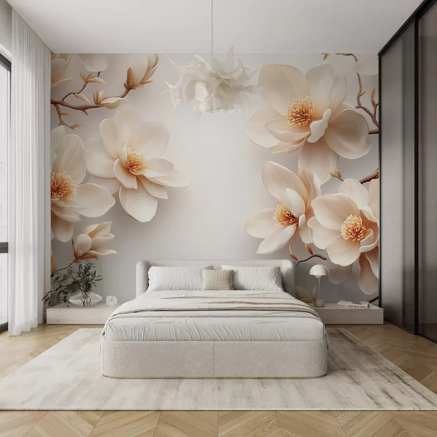 Valokuvatapetti Kauniit kukkivat kermanväriset magnolian kukat valkoisella pohjalla w08704