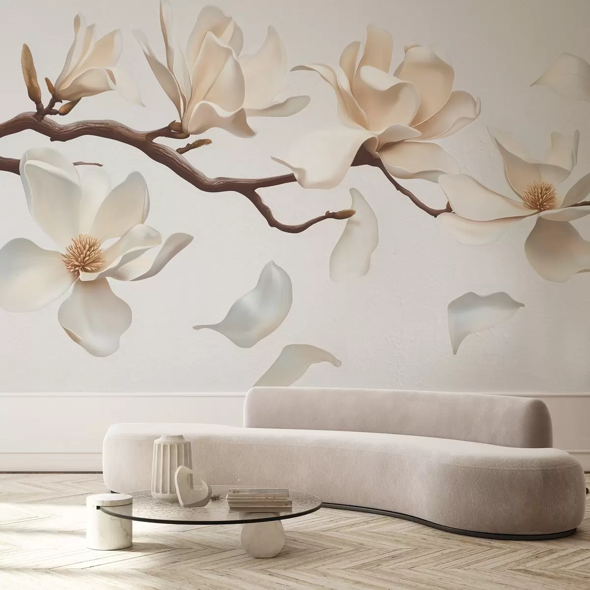 Valokuvatapetti Puun oksa, jossa on herkkiä magnolian kukkia ja putoavia terälehtiä w08706