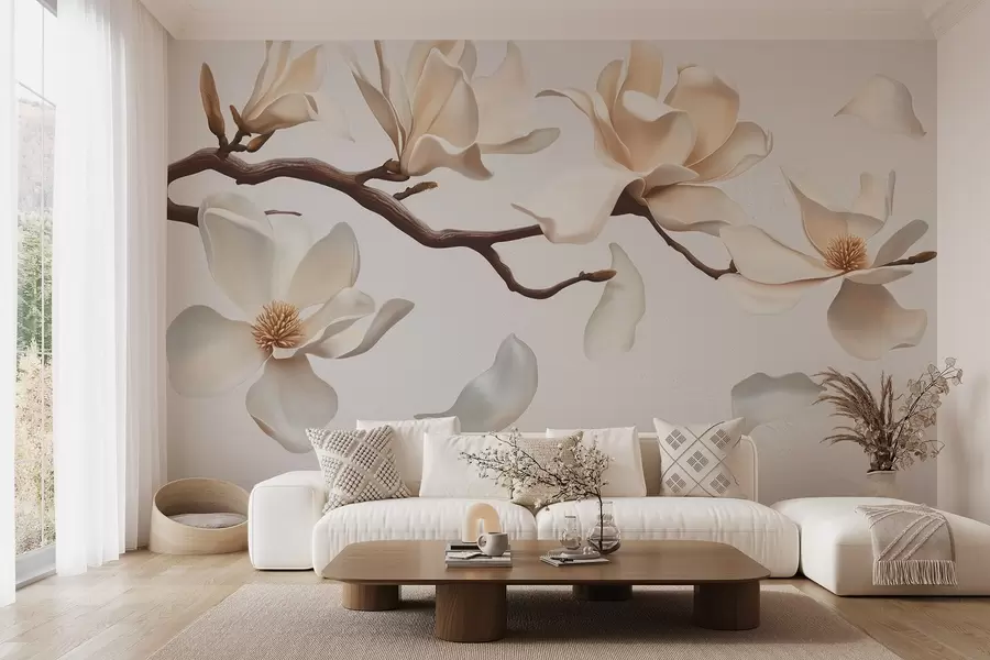 Valokuvatapetti Puun oksa, jossa on herkkiä magnolian kukkia ja putoavia terälehtiä w08706