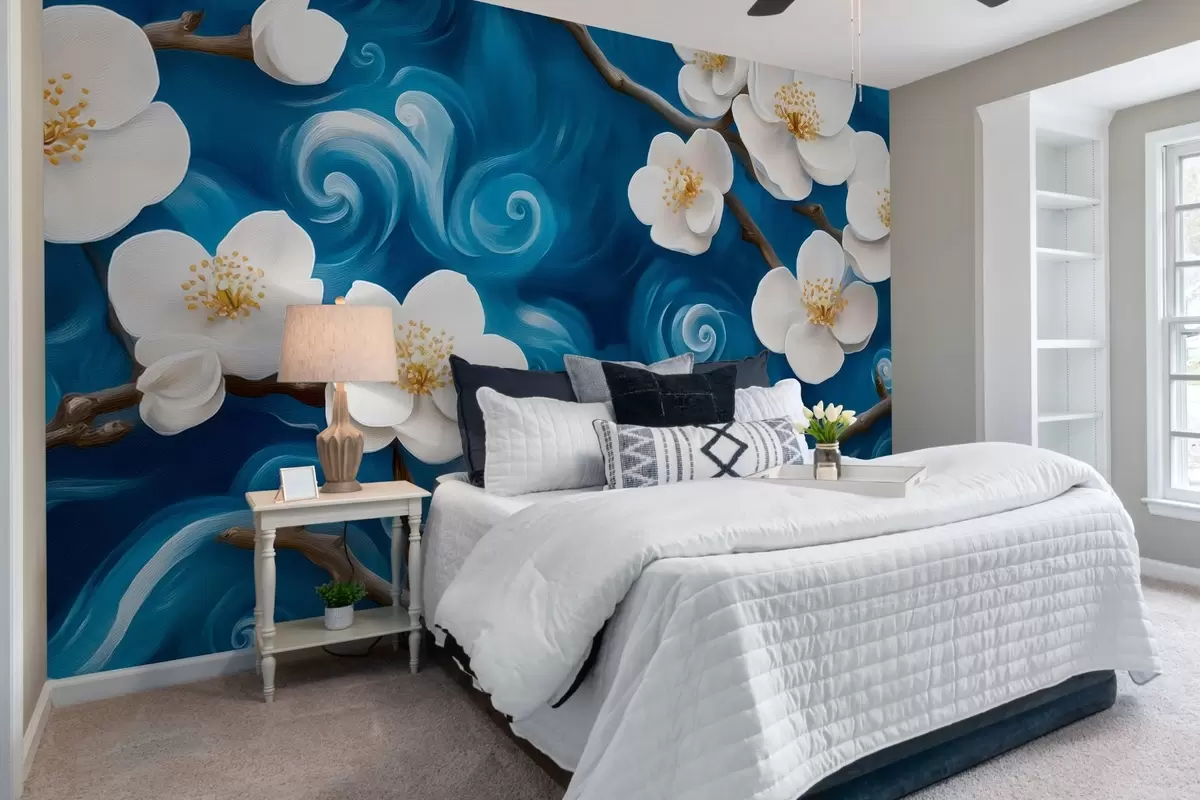 Valokuvatapetti Kukkiva mantelipuu Van Goghin tyyliin, valkoiset kukat pilvisen sinistä taivasta vasten w08707