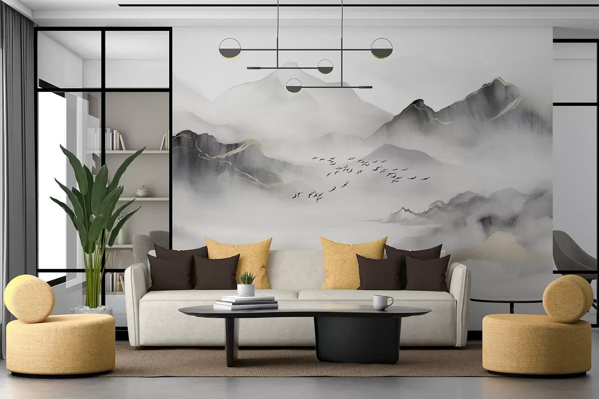 Valokuvatapetti Herkät vuoret sumussa vesivärityyliin w08719