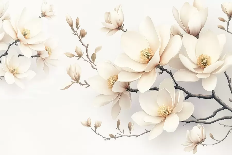 Valokuvatapetti Kauniit kukkivat kermanväriset magnolian kukat valkoisella pohjalla w08721