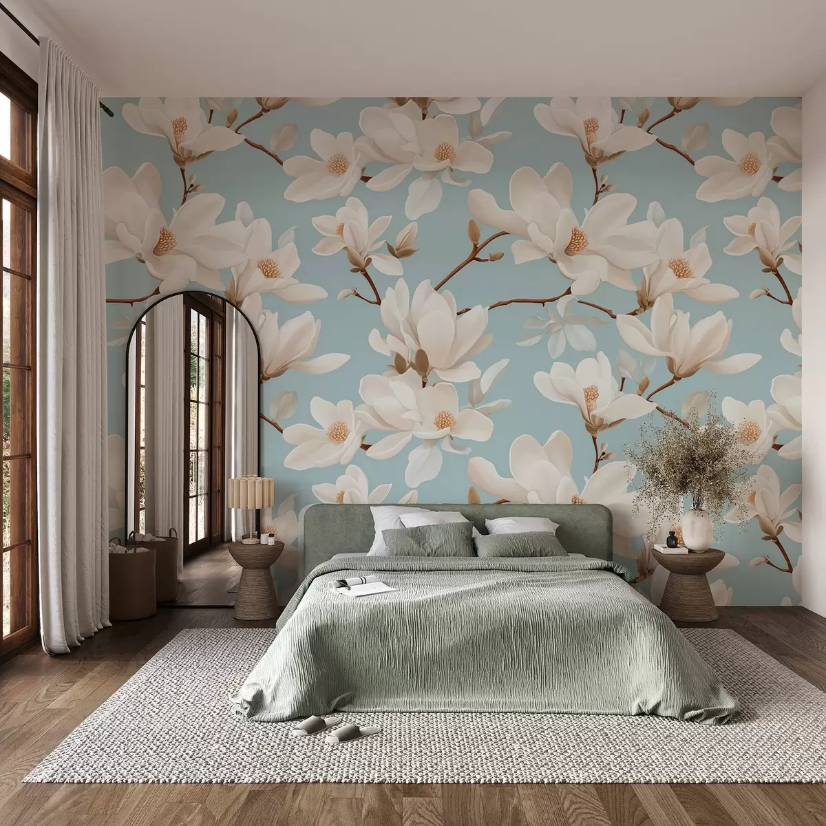 Valokuvatapetti Kuvio valkoisista magnolian kukista, pastellinsininen tausta, valkoiset lehdet ja oksat w08726