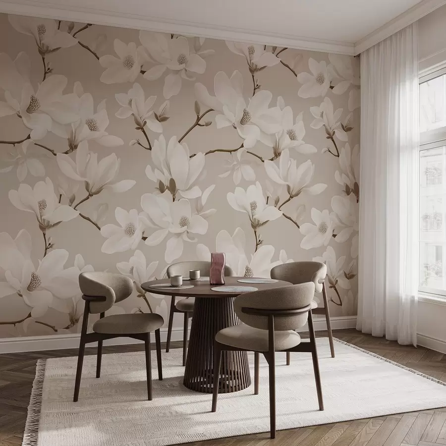 Valokuvatapetti Kuvio valkoisista magnolian kukista, beige sävyjä, valkoisia lehtiä ja oksia w08726v1