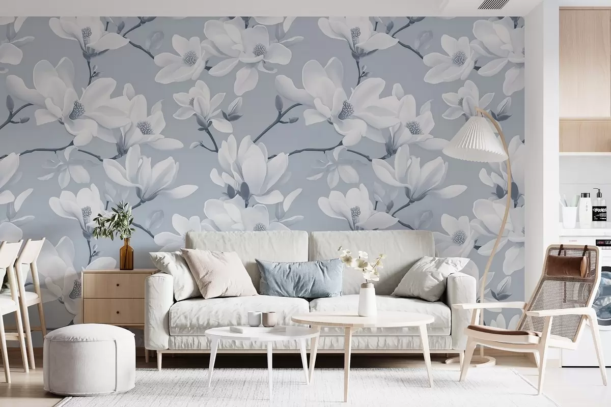 Valokuvatapetti Kuvio valkoisia magnolian kukkia, vaaleansinisiä sävyjä, valkoisia lehtiä ja oksia w08726v2