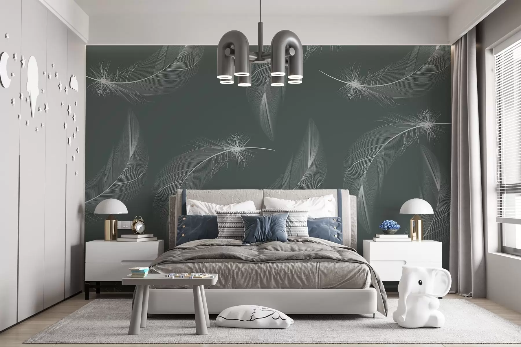 Valokuvatapetti Höyhenet harmaanvihreällä pohjalla, vaaleanvalkoiset höyhenet w03043v2