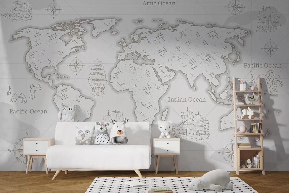 Valokuvatapetti Maailmankartta, laivoja, vaaleanharmaa tausta w03044v1