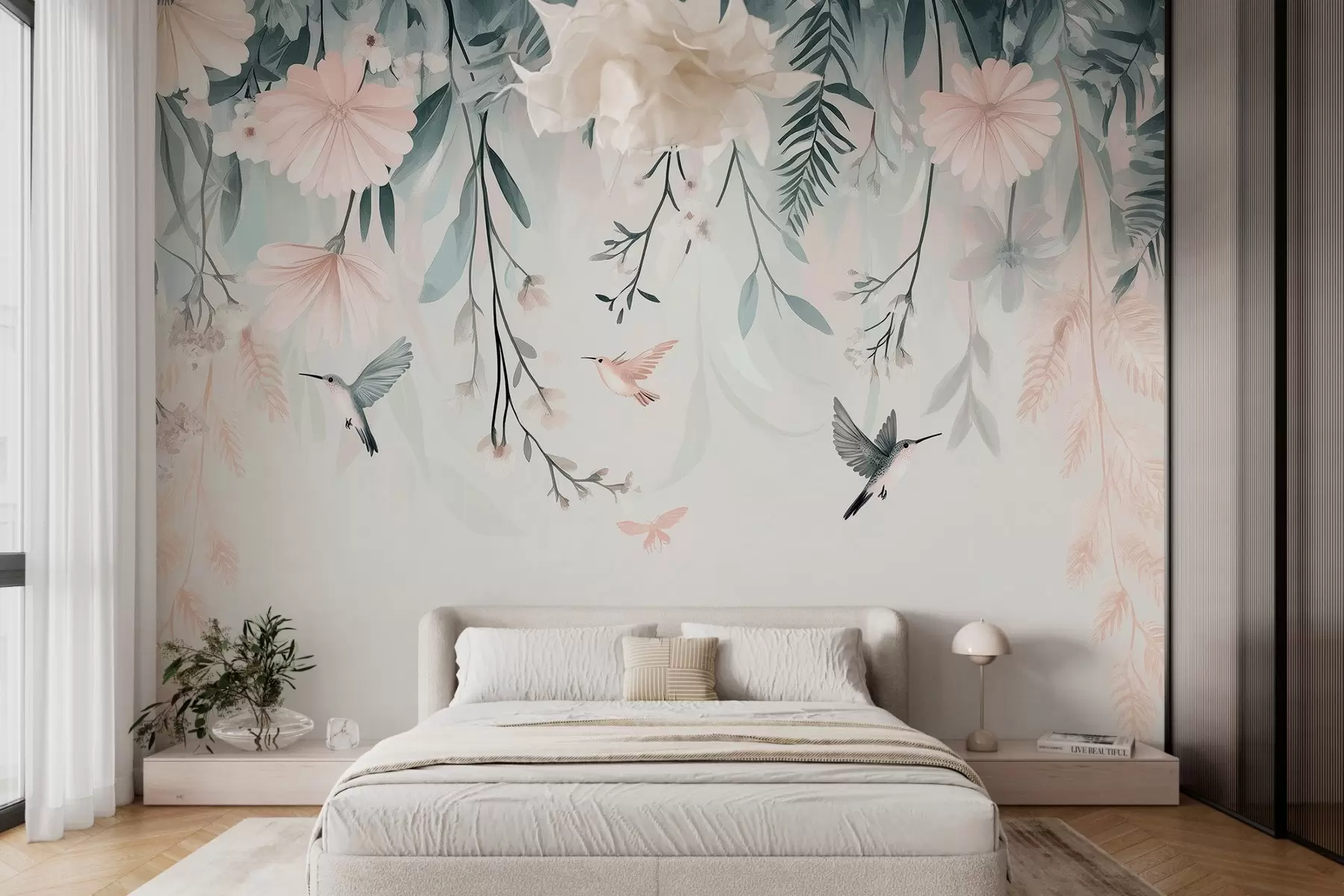 Valokuvatapetti vaaleanpunaisia kukkia jäljittelemällä maalaustekniikkaa roikkuu ylhäältäpäin w03012