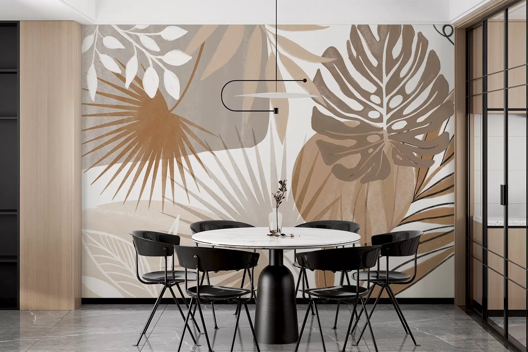 Valokuvatapetti Abstrakti muotoilu, jossa on erilaisia trooppisia lehtiä ja maanläheisiä ruskean, beigen ja kerman sävyjä  w08738