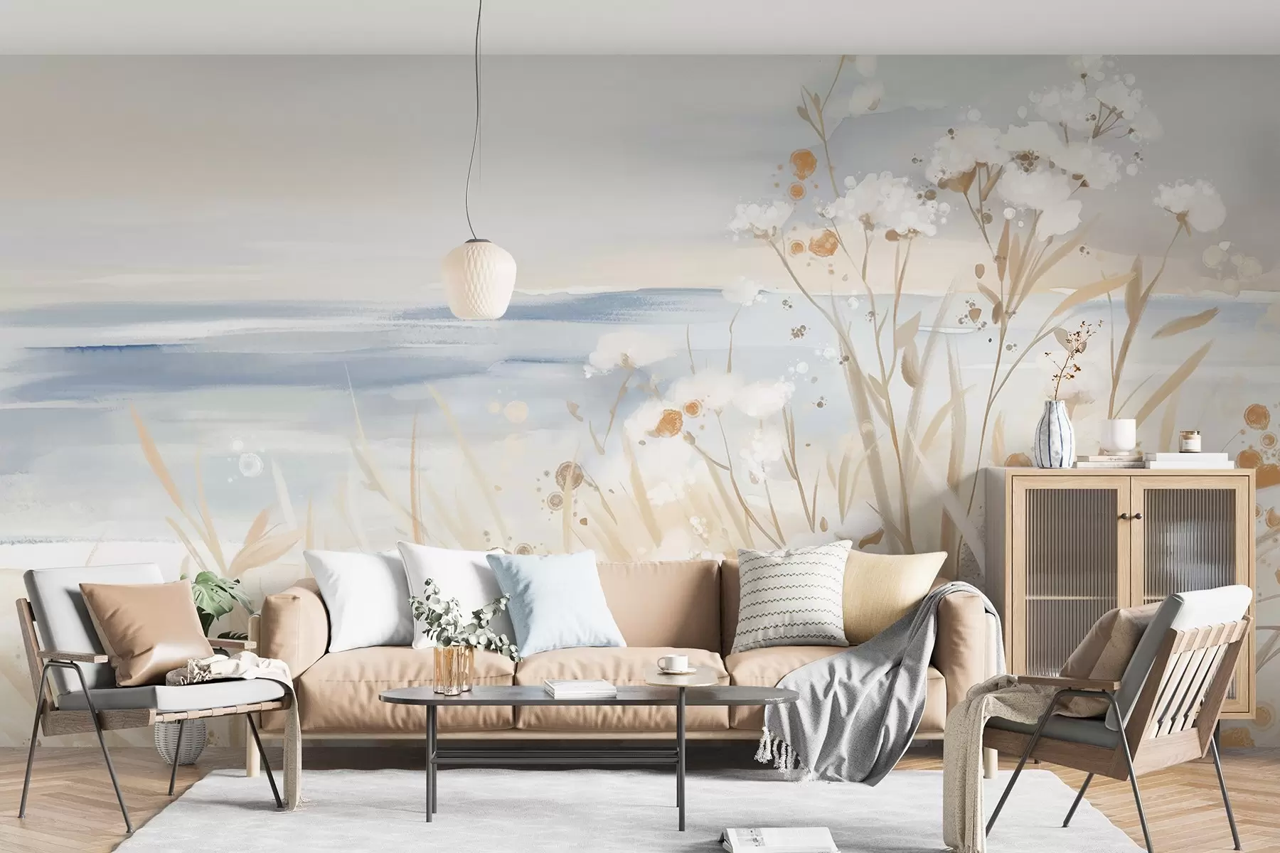 Valokuvatapetti Valkoisia abstrakteja kukkia, joissa on herkät varret ruohikossa, pehmeää, mykistettyä taustaa vasten, jossa on rauhallinen meri ja taivas  w08740