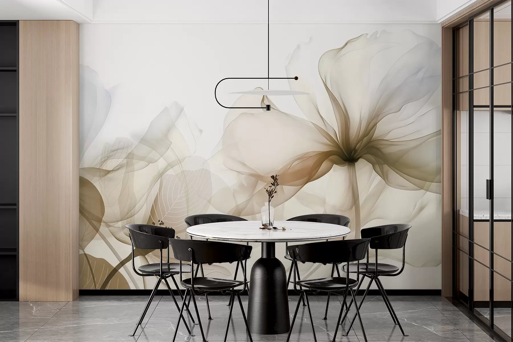 Valokuvatapetti Ruskeat abstraktit kukat, joissa on pehmeät, läpikuultavat, virtaavat terälehdet ja herkät yksityiskohdat valkoista taustaa vasten w08742v1