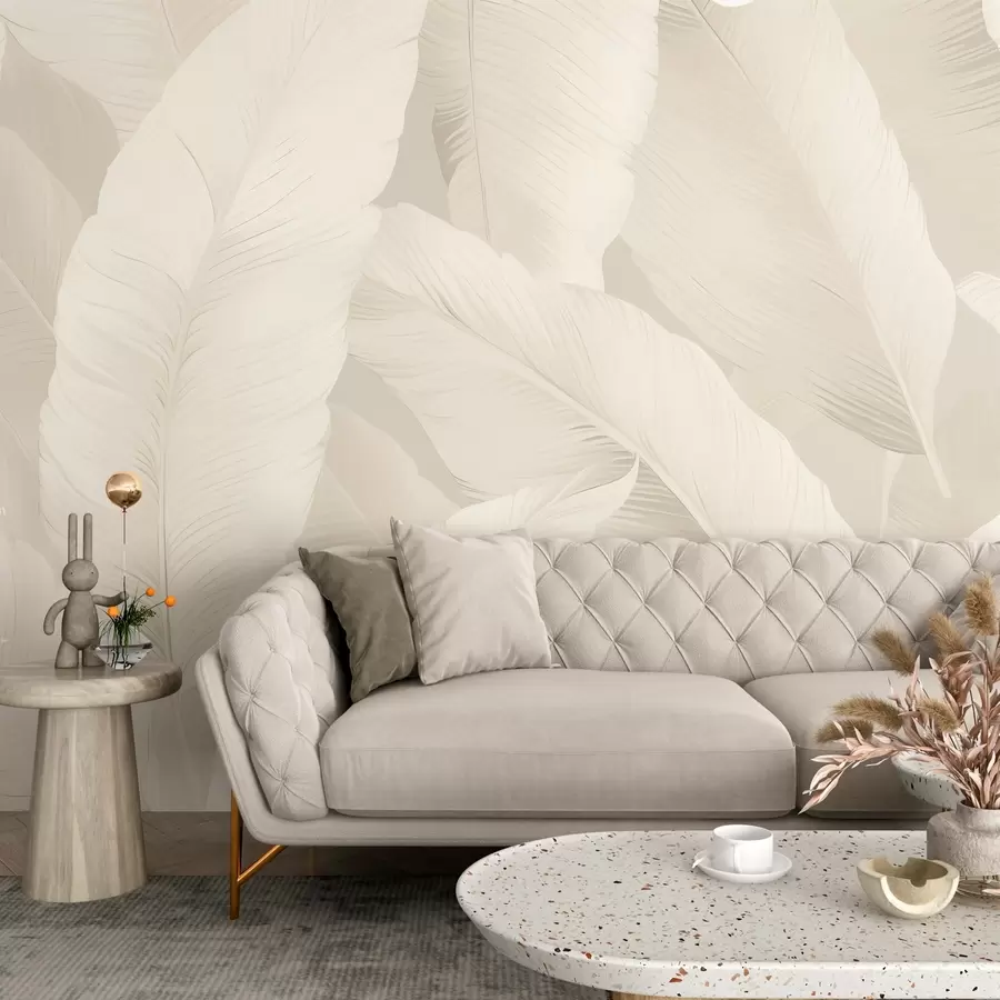 Valokuvatapetti Tyylikkäät banaaninlehdet pehmeissä kerman sävyissä, w03080