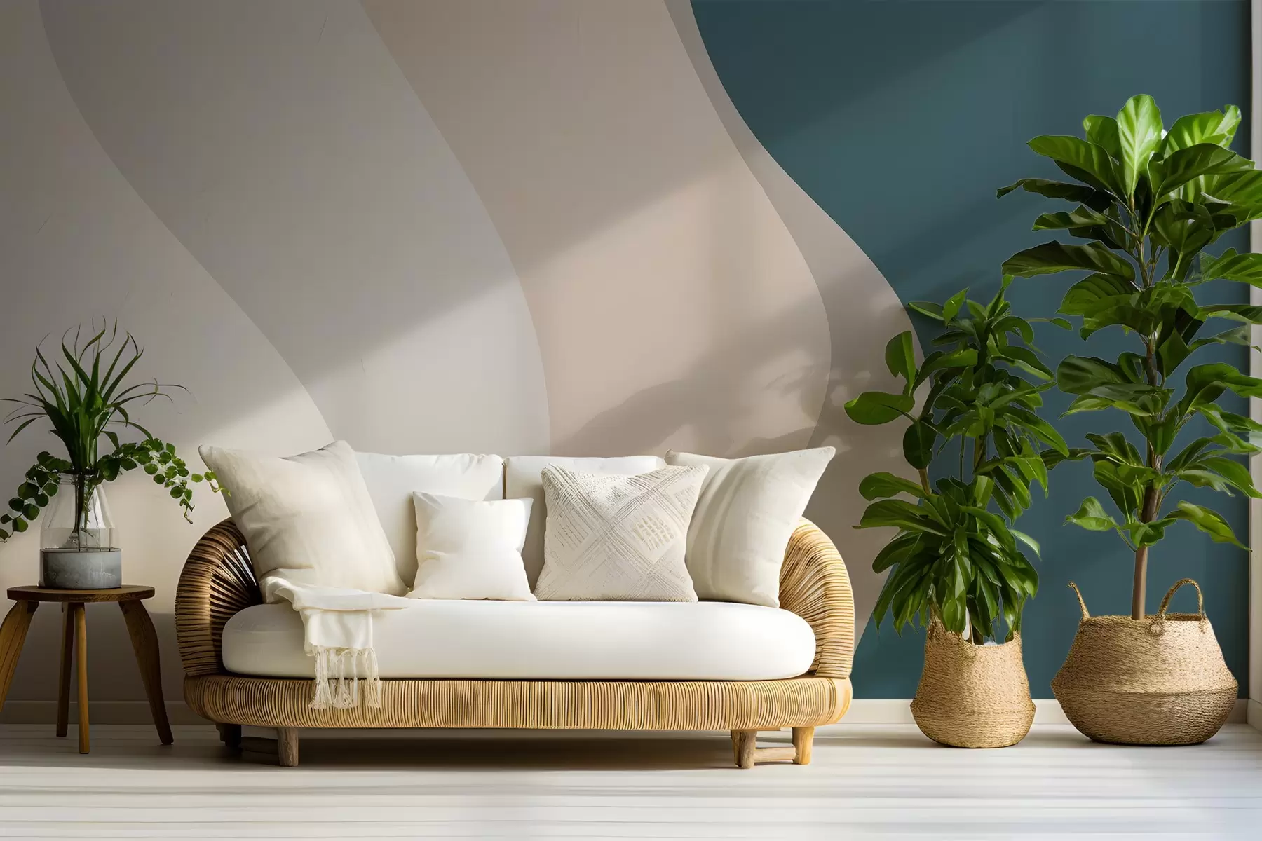 Valokuvatapetti Abstrakti kuvio, jossa on sileitä, aaltoilevia viivoja valkoisen, beigen ja tummansinisen sävyissä w03084v1