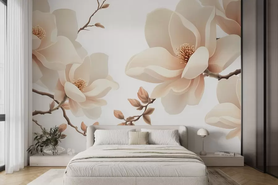 Valokuvatapetti Kermanvärisiä magnolian oksia valkoisella pohjalla w08755