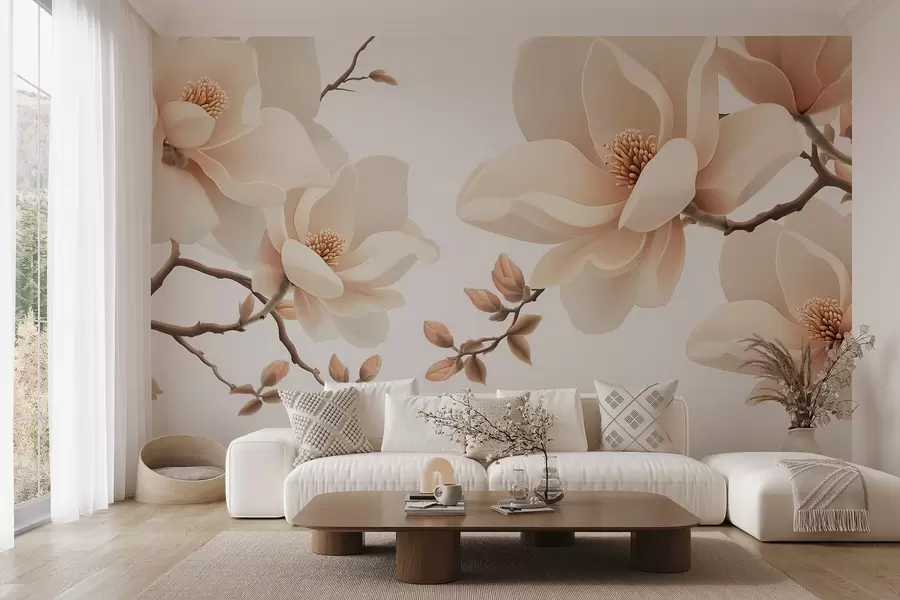 Valokuvatapetti Kermanvärisiä magnolian oksia valkoisella pohjalla w08755