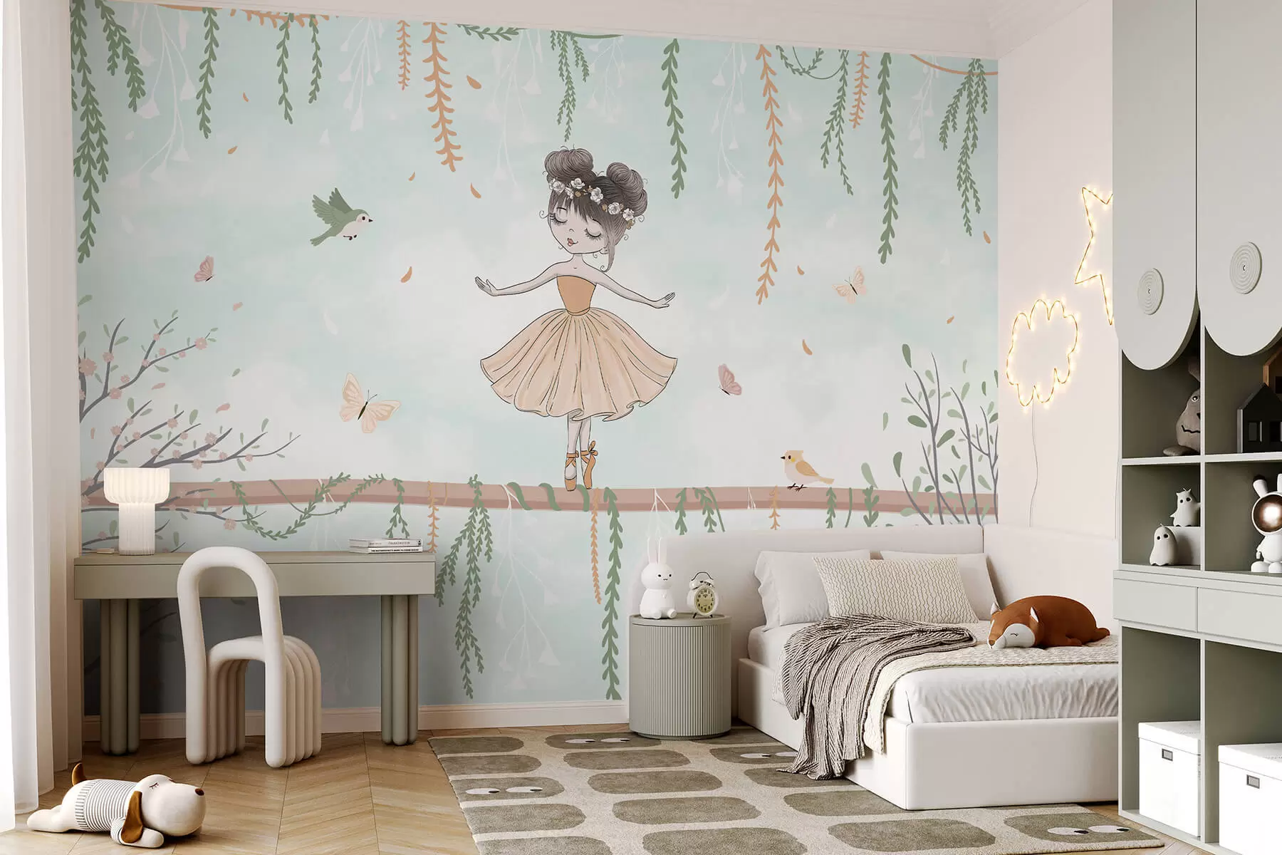 Valokuvatapetti Maisema prinsessa lintujen ja perhosten kanssa w03003v1