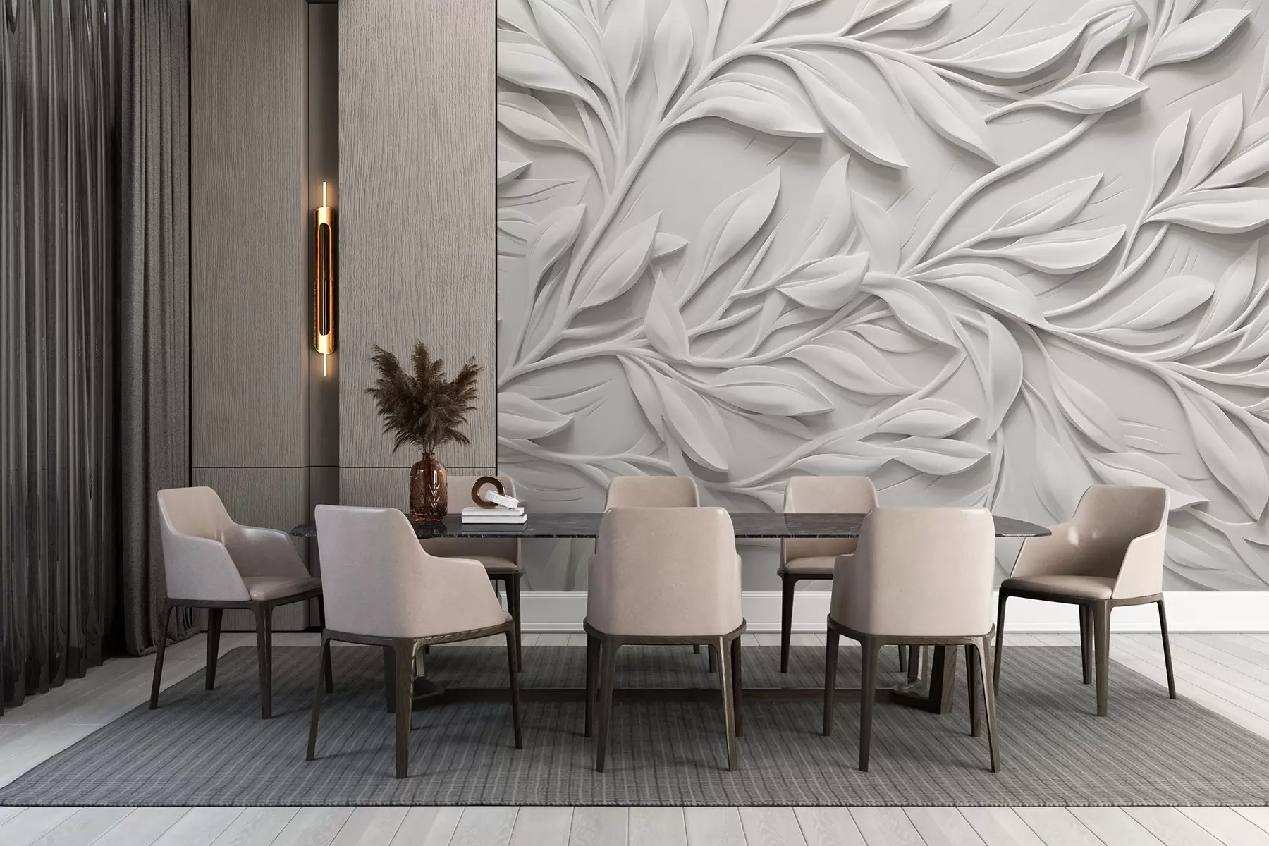 Valokuvatapetti Valkoinen kuvioitu painatus, jossa on lehtiä ja oksia , luoden kuvioidulle taustalle tuuhean jäljitelmäefektin w08778