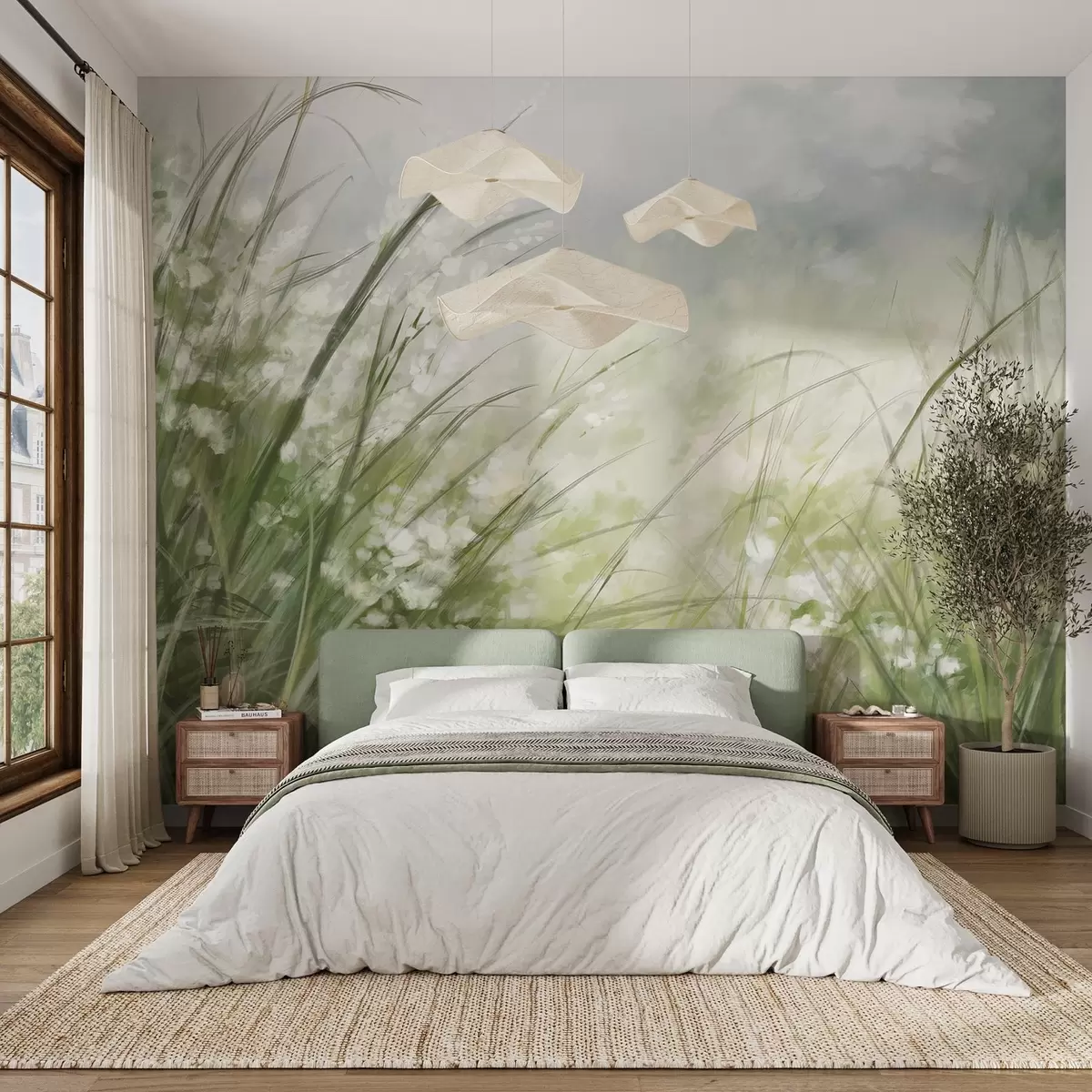 Valokuvatapetti Rehevä vihreä ruoho, jossa on herkkiä valkoisia kukkia, pehmeästi sumea tuloste vaaleilla sävyillä, luoden rauhallisen maiseman w08779