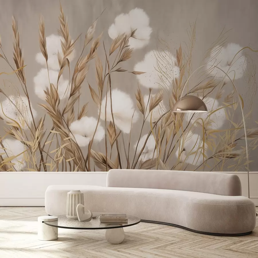 Valokuvatapetti Pehmeä, pörröinen puuvilla valkoisia kukkia ja korkeita oransseja ruohon tähkylöitä beigeä taustaa vasten w08784