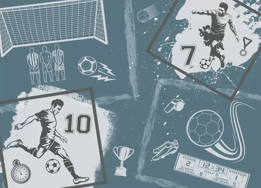 Valokuvatapetti Jalkapalloilijat, pallo ja muut jalkapallon attribuutit sinisin sävyin w03122