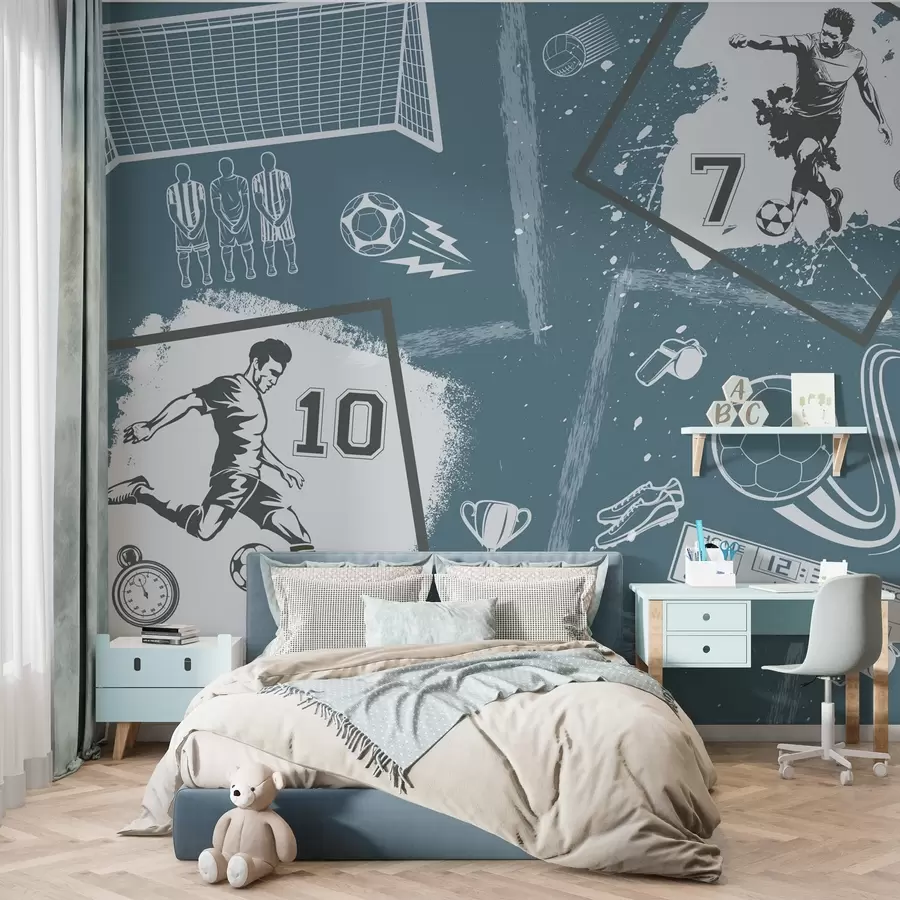 Valokuvatapetti Jalkapalloilijat, pallo ja muut jalkapallon attribuutit sinisin sävyin w03122