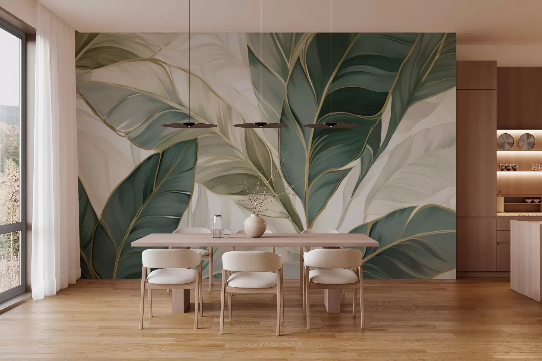 Valokuvatapetti Vihreä trooppinen lehdet harmaa ja valkoinen tausta w03124