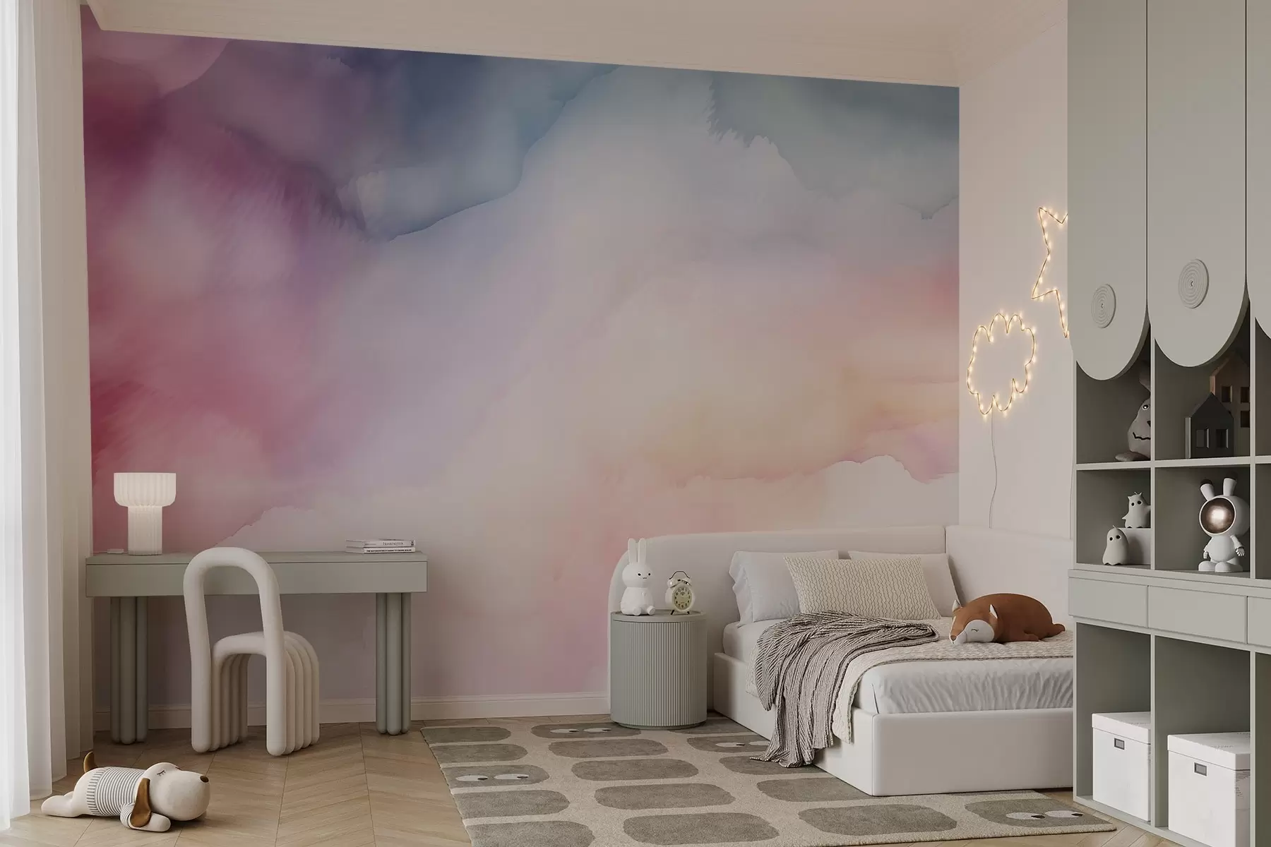 Valokuvatapetti Abstrakti akvarelli gradientti pehmeillä pastellisävyillä vaaleanpunaisen, sinisen ja persikan sävyillä w03160