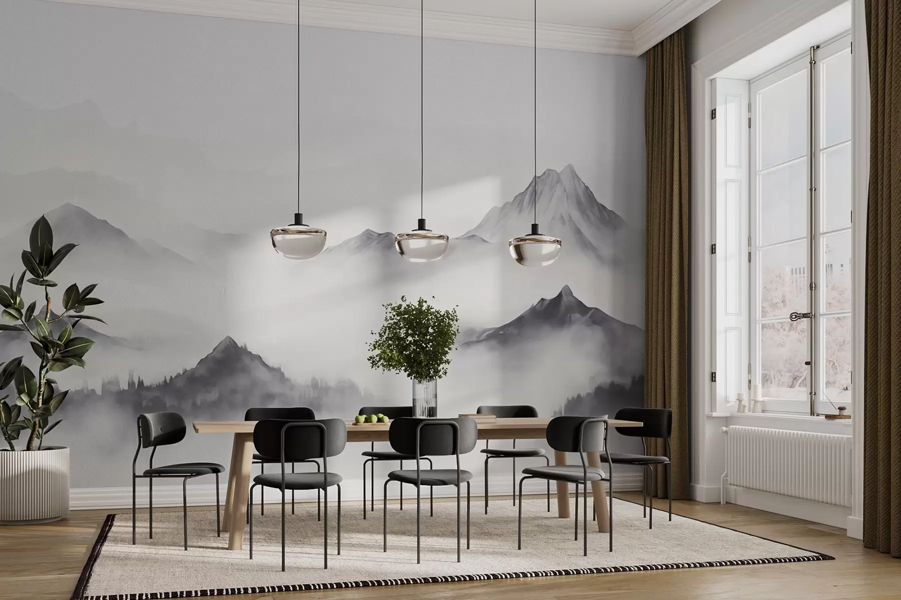 Valokuvatapetti Minimalistinen vuoristomaisema sumussa w03161