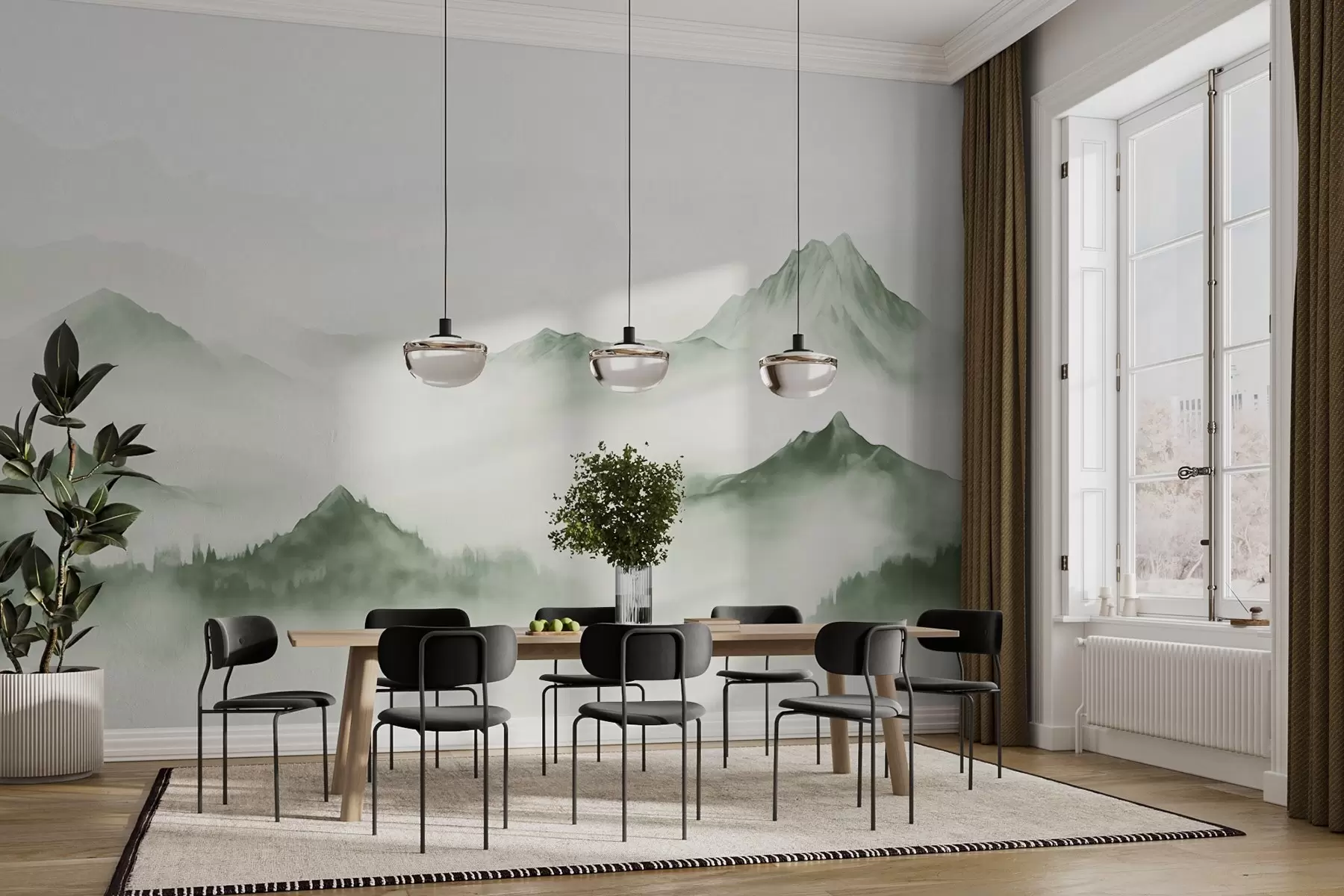 Valokuvatapetti Minimalistinen vuoristomaisema sumussa w03161v3
