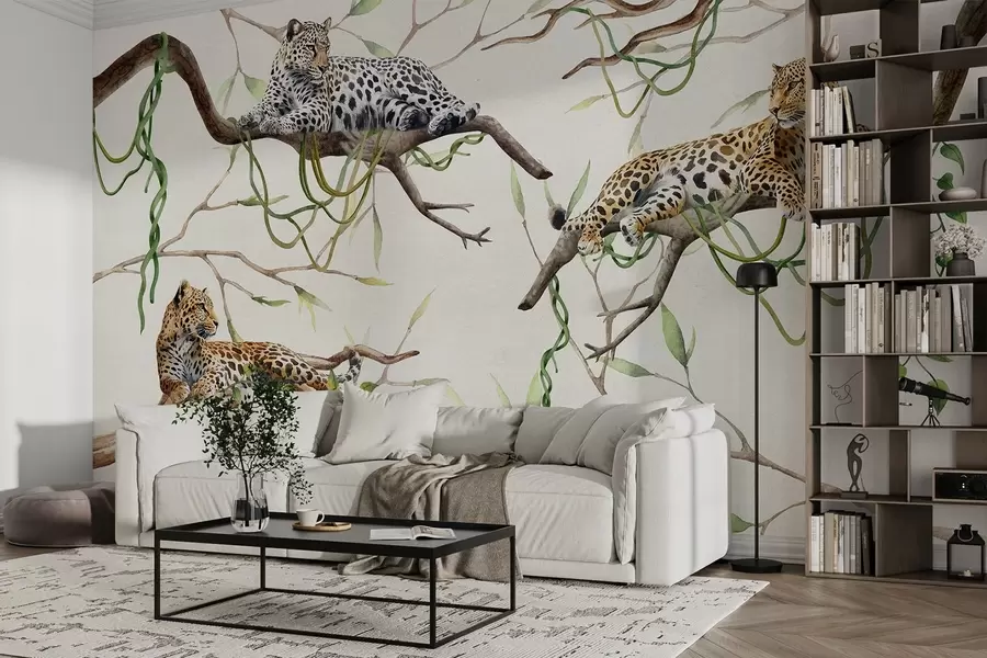 Valokuvatapetti Leopardit viidakon puissa, liaanit, trooppinen, villieläimet, luonnollinen värivalikoima w03146