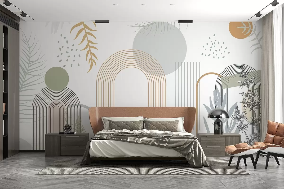 Valokuvatapetti Abstrakti tuloste, jossa on geometrisia muotoja, kaaria ja trooppisia lehtiä valkoisella pohjalla w08835