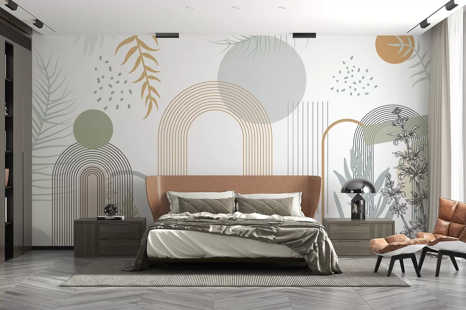 Valokuvatapetti Abstrakti tuloste, jossa on geometrisia muotoja, kaaria ja trooppisia lehtiä valkoisella pohjalla w08835