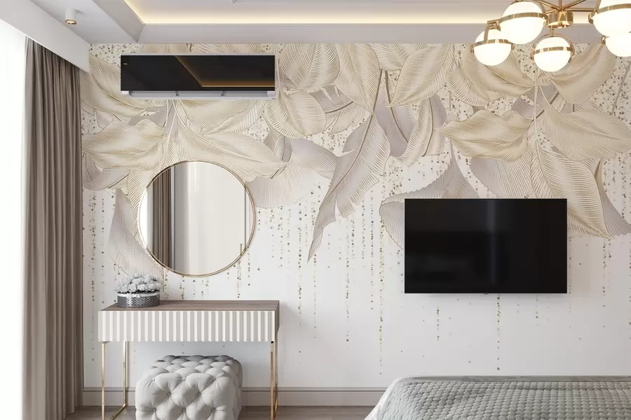 Valokuvatapetti Valkoinen yksityiskohtainen trooppisia lehtiä ja keltainen pisteitä rakenne valkoisella pohjalla w08836