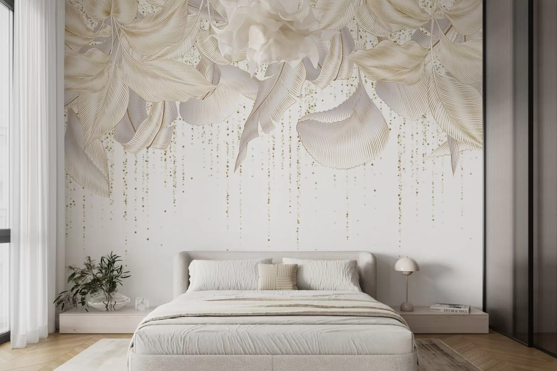 Valokuvatapetti Valkoinen yksityiskohtainen trooppisia lehtiä ja keltainen pisteitä rakenne valkoisella pohjalla w08836