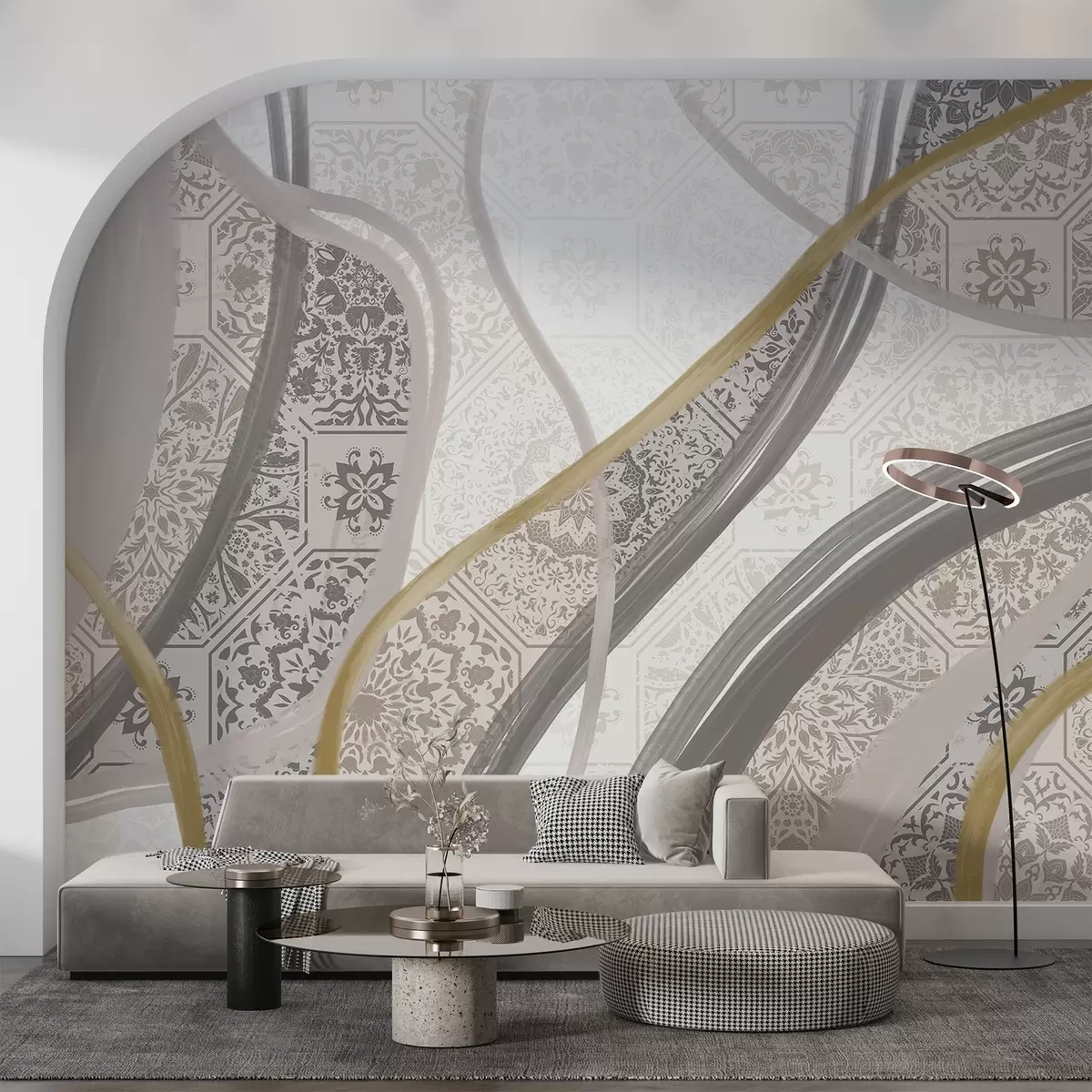 Valokuvatapetti Abstrakti maalaus geometrisia kuvioita ja kaarevia viivoja beige, harmaa ja keltainen värit w08837