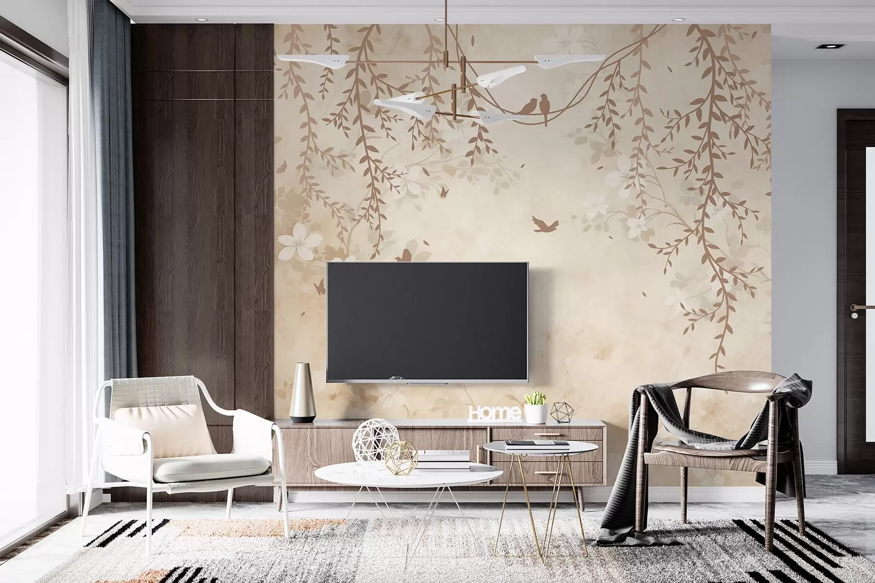 Valokuvatapetti Lintuja, joissa on ripustettavia kasveja ja vaalean beigen ja kermanvärisen sävyinen kukkakuvio w08809