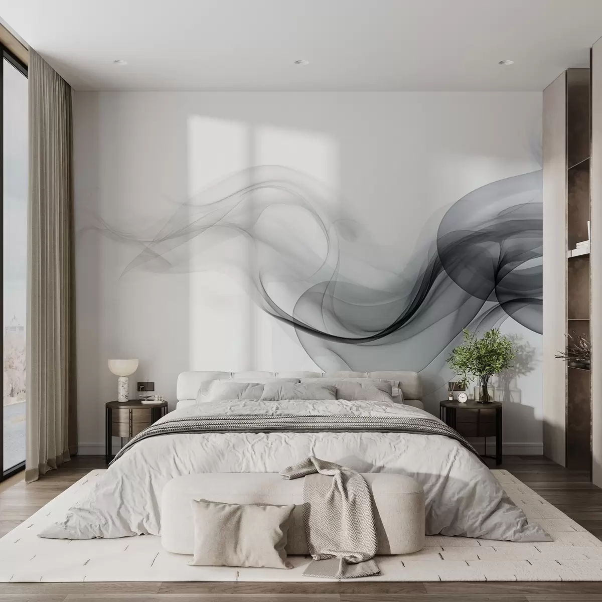 Valokuvatapetti Musta läpikuultava savu, abstrakti kuvio valkoisella pohjalla w08813