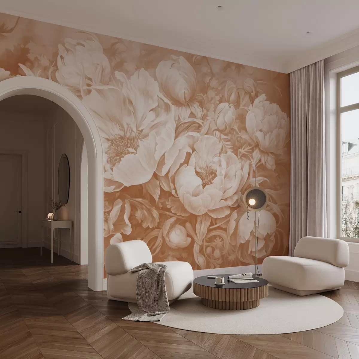 Valokuvatapetti Tulppaanit ja pionit, kukka sommitelma beige öljy siveltimenveto tyyliin w08817v1